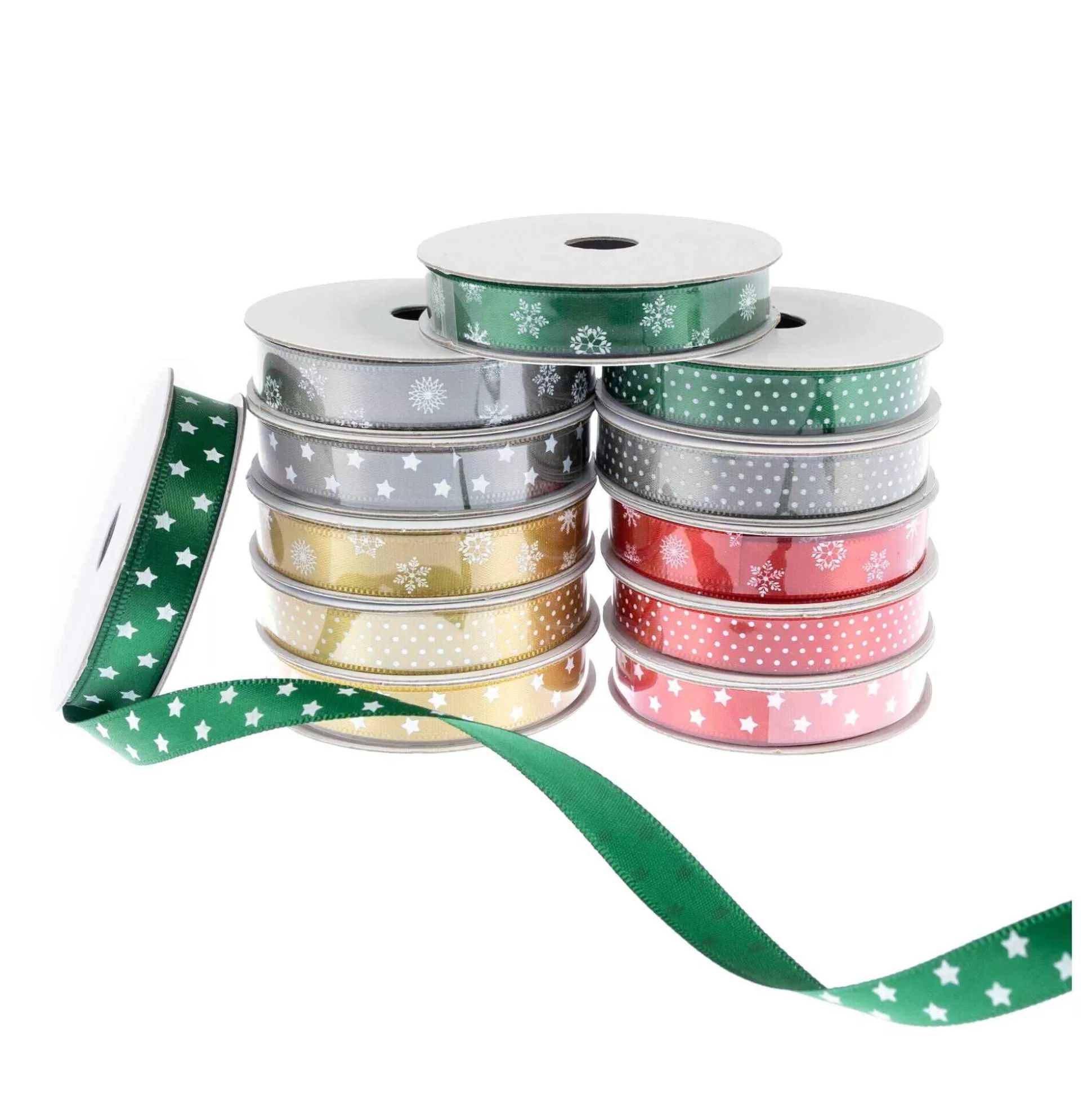 Assorted Snowflake And Dot Christmas Ribbons 12 Pack-Hobbycraft Clearance