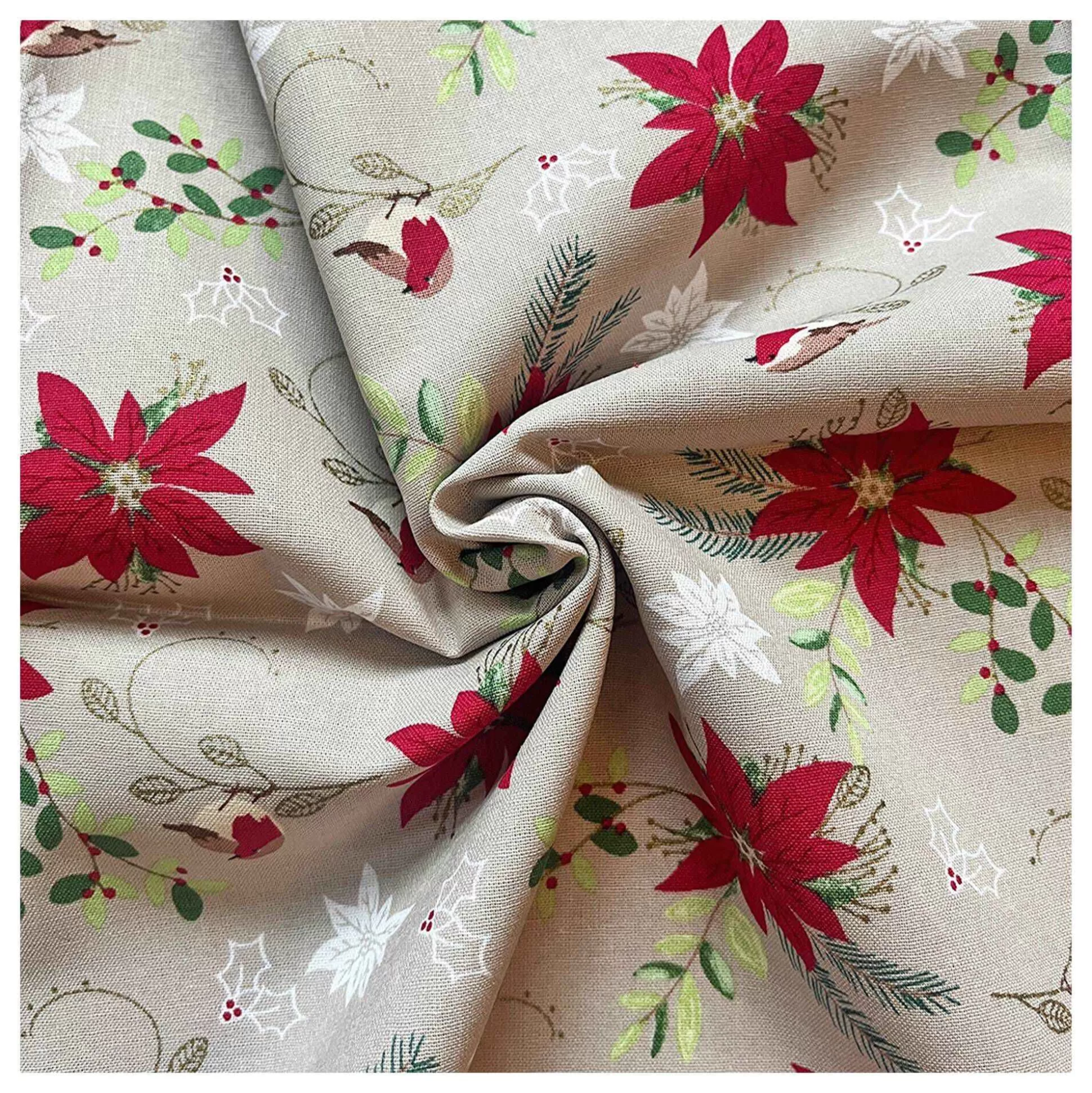 Traditional Poinsettia And Robin Cotton Fabric By The Metre-Hobbycraft Discount